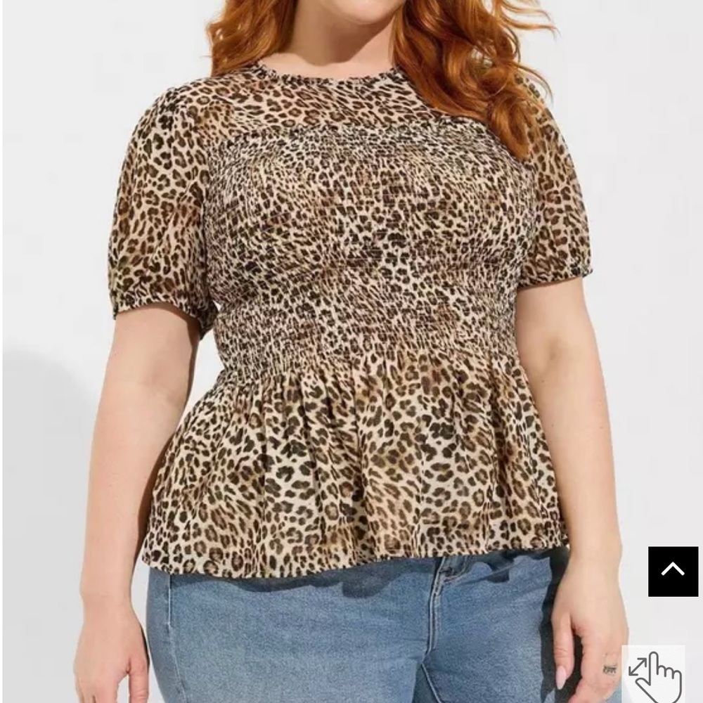 Leopard Print Plus Size Blouse Torrid 1X Smocked Chiffon Peplum Puff Sleeve Top